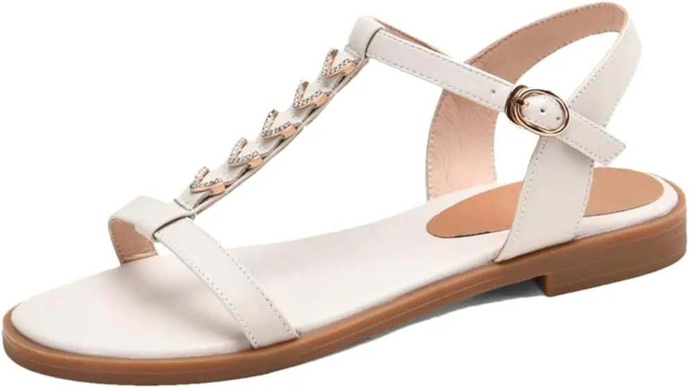 Womens Buckle Strap Front Rear Strap Square Heel Open Side Vamp T-Strap Sandals Cow Leather Crystal Detail Round Summer Sandals