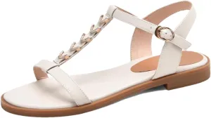Womens Buckle Strap Front Rear Strap Square Heel Open Side Vamp T-Strap Sandals Cow Leather Crystal Detail Round Summer Sandals