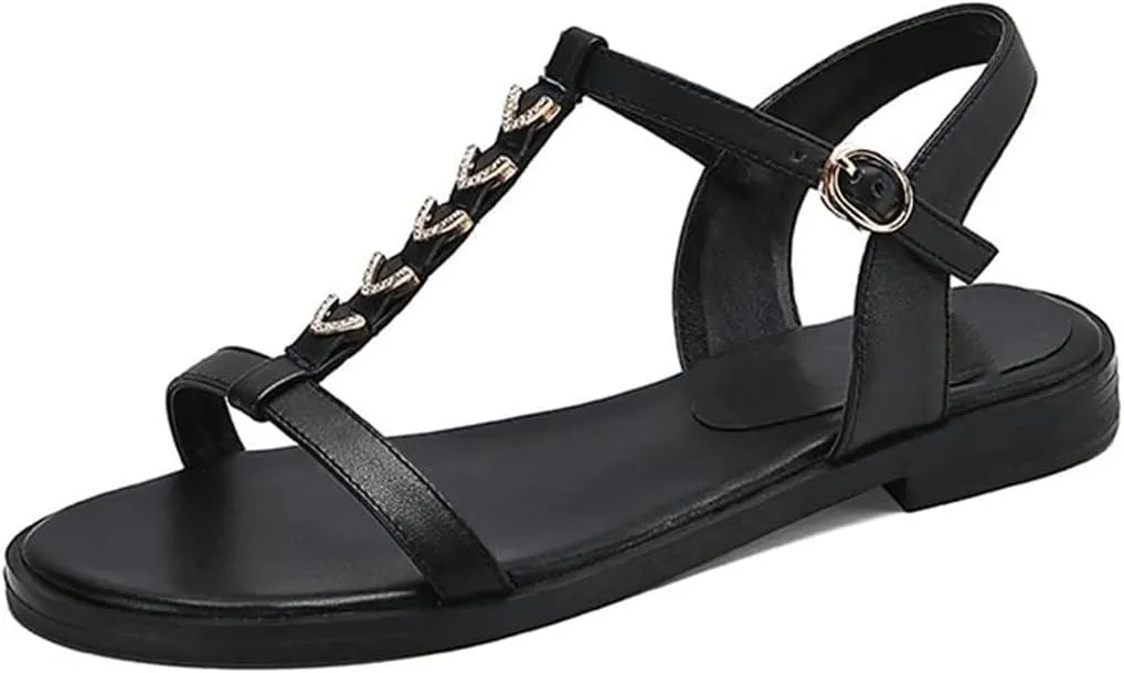 Womens Buckle Strap Front Rear Strap Square Heel Open Side Vamp T-Strap Sandals Cow Leather Crystal Detail Round Summer Sandals