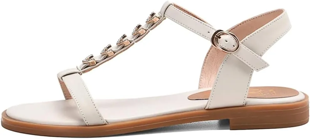 Womens Buckle Strap Front Rear Strap Square Heel Open Side Vamp T-Strap Sandals Cow Leather Crystal Detail Round Summer Sandals