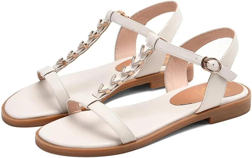 Womens Buckle Strap Front Rear Strap Square Heel Open Side Vamp T-Strap Sandals Cow Leather Crystal Detail Round Summer Sandals