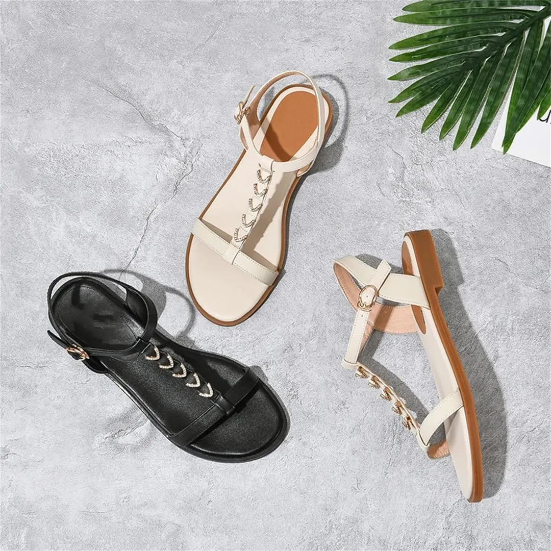 Womens Buckle Strap Front Rear Strap Square Heel Open Side Vamp T-Strap Sandals Cow Leather Crystal Detail Round Summer Sandals
