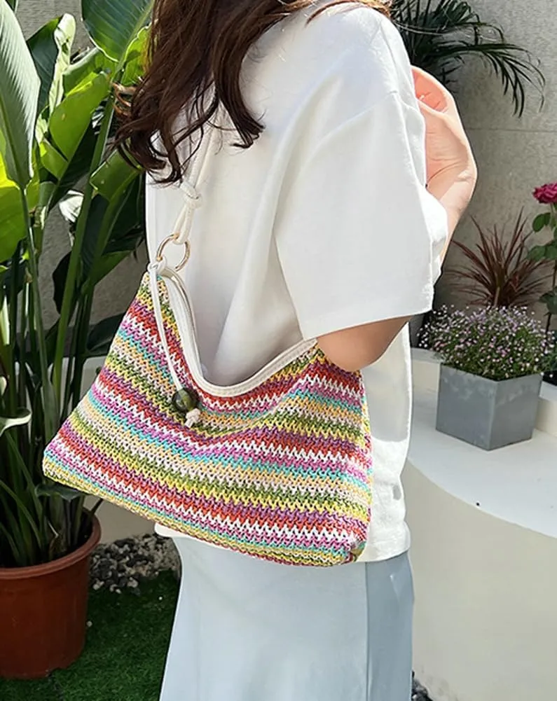 Womens Colorful Straw Shoulder Bags Cute Summer Beach Tote Purse Woven Top Handle Satchel Handbag Vacation