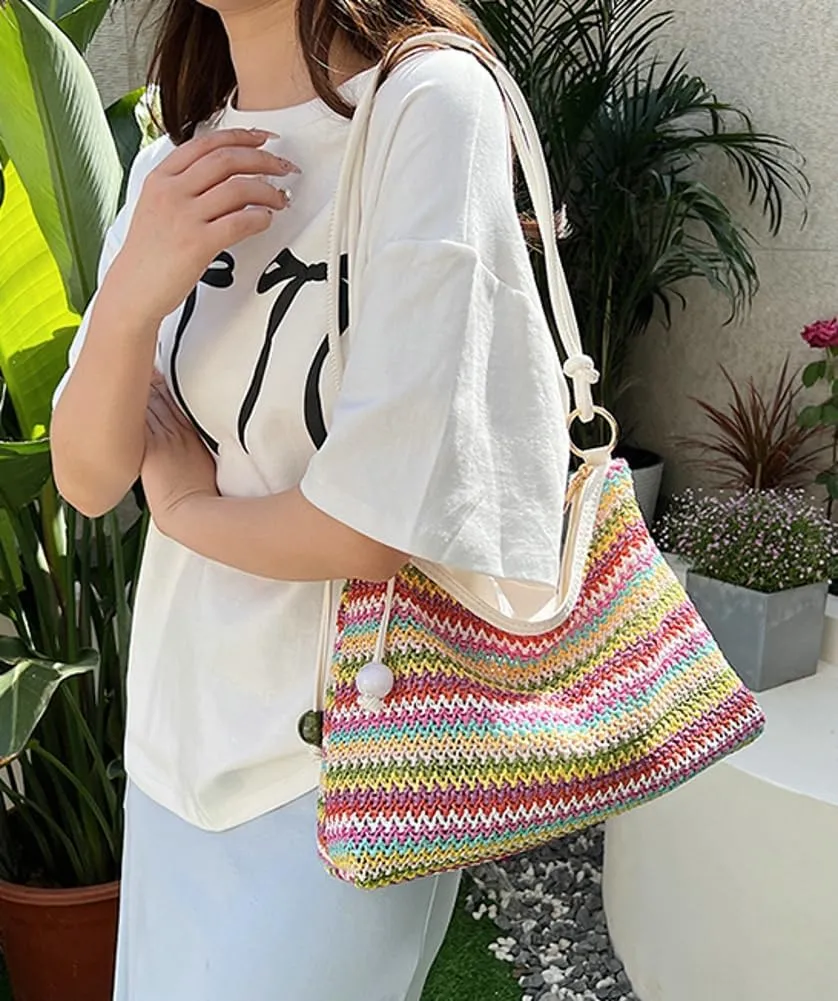 Womens Colorful Straw Shoulder Bags Cute Summer Beach Tote Purse Woven Top Handle Satchel Handbag Vacation