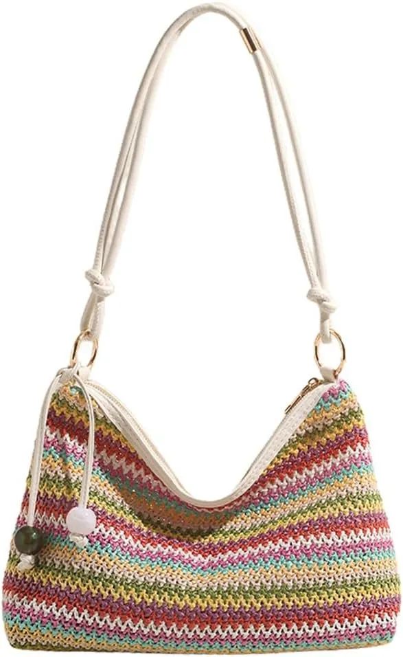 Womens Colorful Straw Shoulder Bags Cute Summer Beach Tote Purse Woven Top Handle Satchel Handbag Vacation