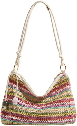 Womens Colorful Straw Shoulder Bags Cute Summer Beach Tote Purse Woven Top Handle Satchel Handbag Vacation