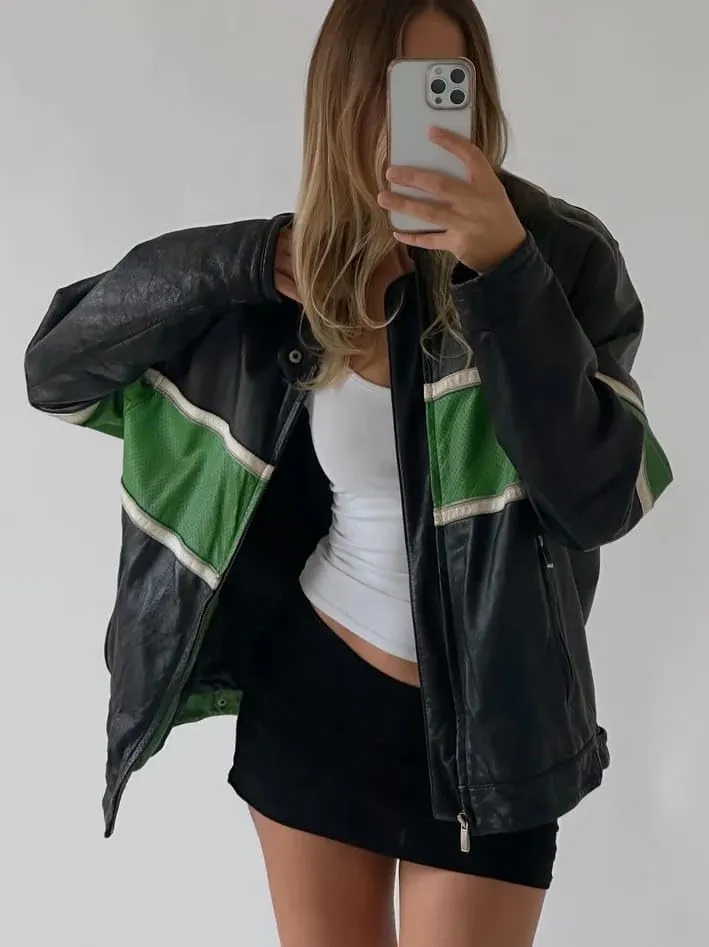Women’s Fashion 90'S Ultra Vintage Oversized Stripe Biker Rider Moto Genuine Leather Bomber Jacket