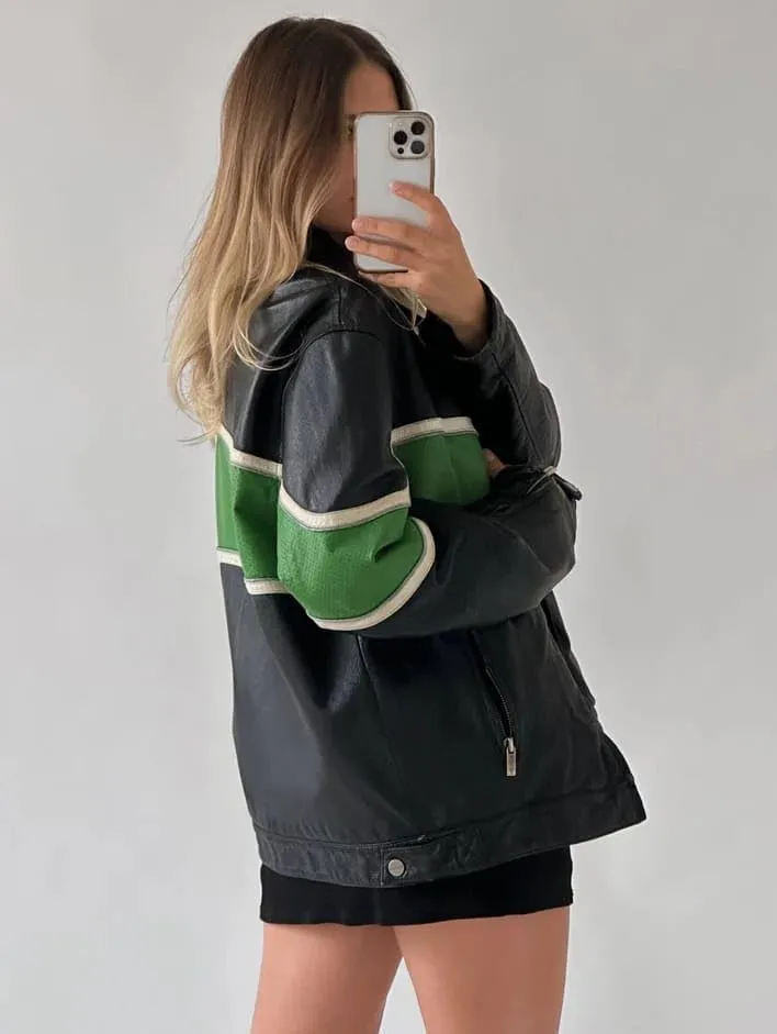 Women’s Fashion 90'S Ultra Vintage Oversized Stripe Biker Rider Moto Genuine Leather Bomber Jacket