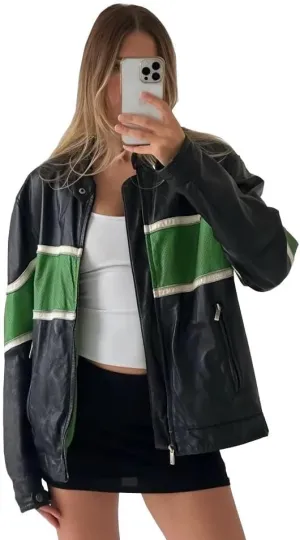 Women’s Fashion 90'S Ultra Vintage Oversized Stripe Biker Rider Moto Genuine Leather Bomber Jacket