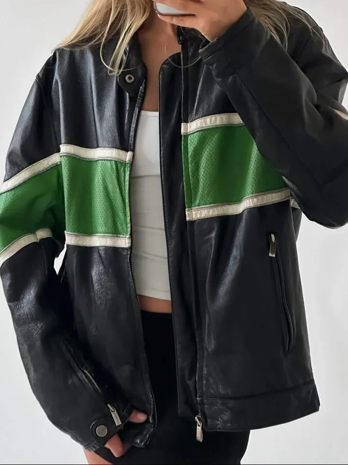 Women’s Fashion 90'S Ultra Vintage Oversized Stripe Biker Rider Moto Genuine Leather Bomber Jacket