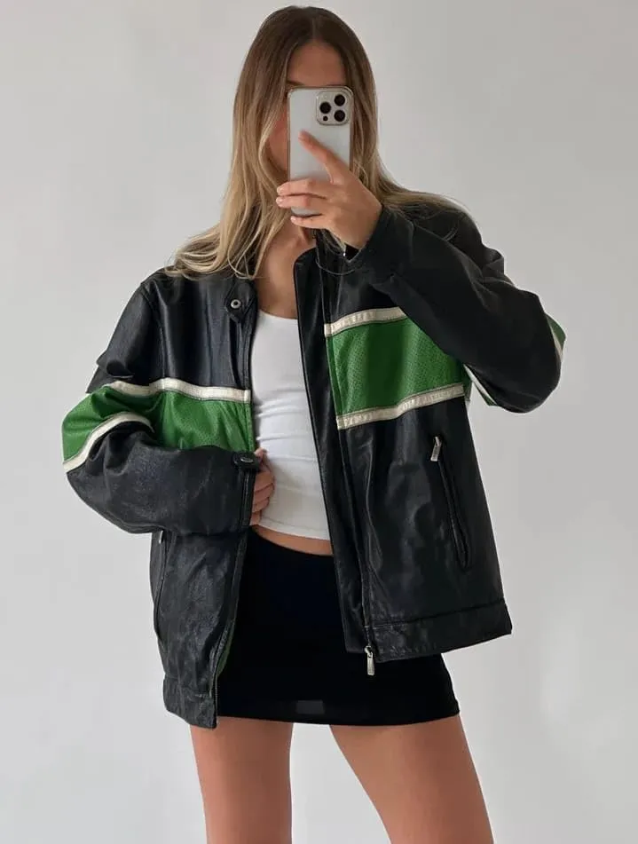 Women’s Fashion 90'S Ultra Vintage Oversized Stripe Biker Rider Moto Genuine Leather Bomber Jacket
