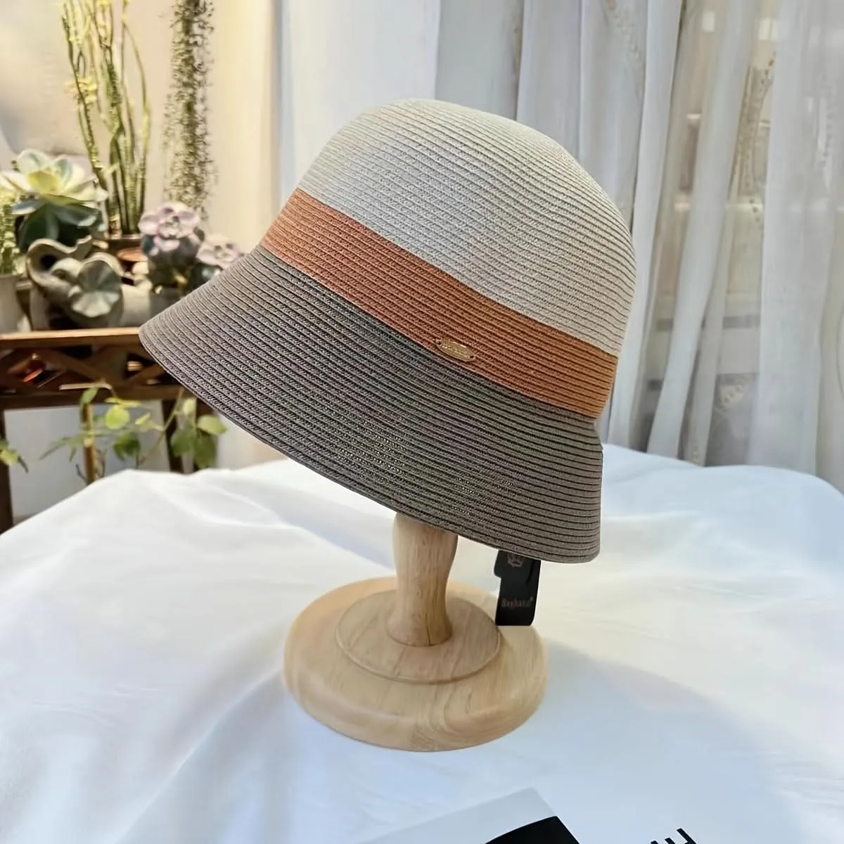 Women’s Foldable Straw Bucket Hat – Tricolor Summer Beach Hat, Sun Protection