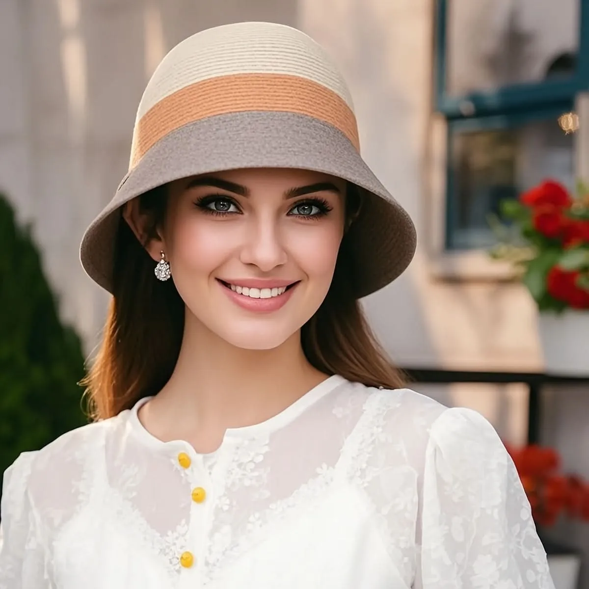 Women’s Foldable Straw Bucket Hat – Tricolor Summer Beach Hat, Sun Protection