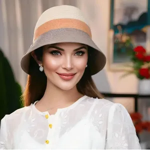 Women’s Foldable Straw Bucket Hat – Tricolor Summer Beach Hat, Sun Protection