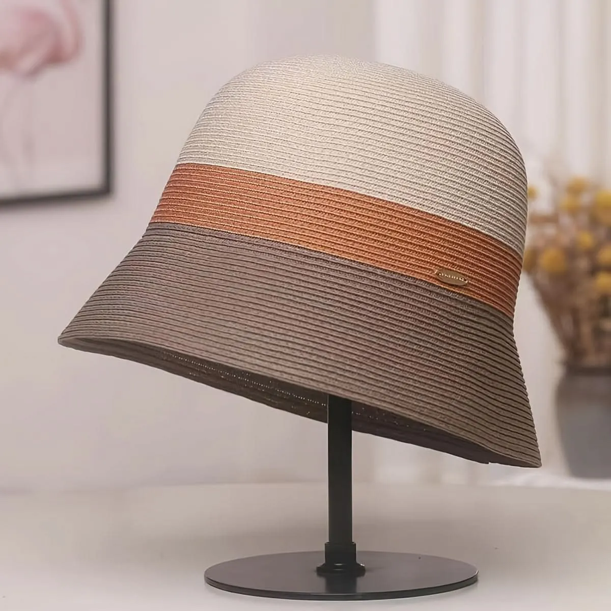 Women’s Foldable Straw Bucket Hat – Tricolor Summer Beach Hat, Sun Protection