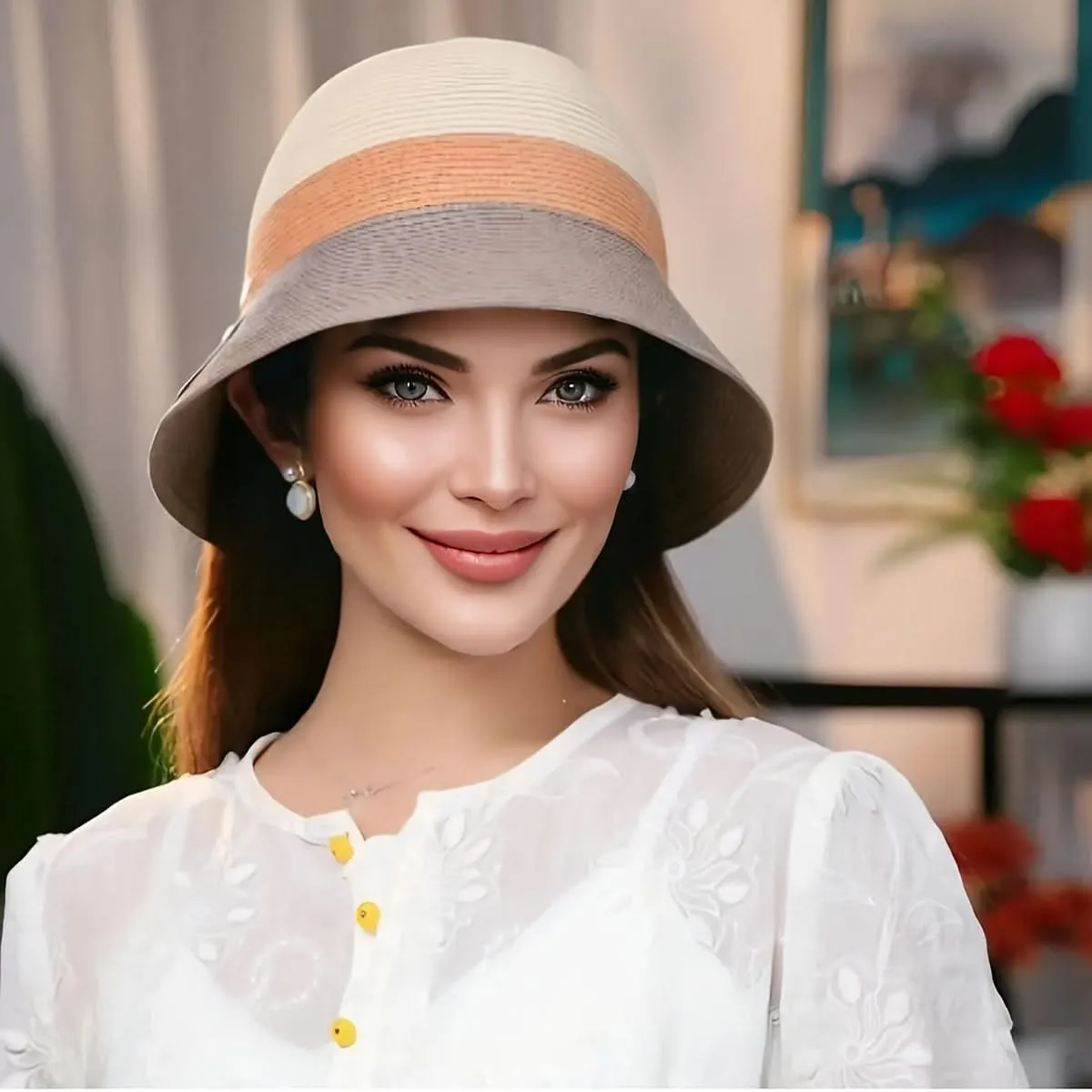 Women’s Foldable Straw Bucket Hat – Tricolor Summer Beach Hat, Sun Protection