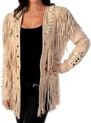 Women's Genuine grain Leather Western Cowgirl Jacket with Beaded Fringe Native American Style (US, Alpha, Medium, Regular, Regular, White Beige Suede)
