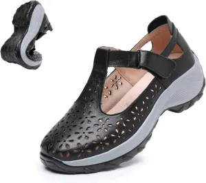 Women's Genuine Leather Cutout Platform Orthopedic Walking Mary Jane Shoes,Comfort Arch Support Wedge Heel Adjustable Hook-and-Loop Fashion Sneakers Hollow T Strap Nurse Shoes