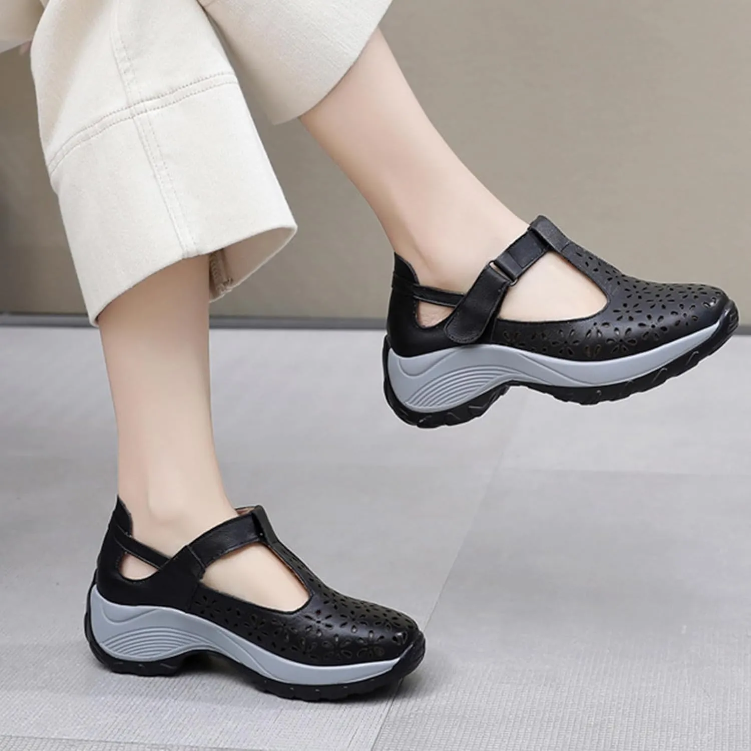 Women's Genuine Leather Cutout Platform Orthopedic Walking Mary Jane Shoes,Comfort Arch Support Wedge Heel Adjustable Hook-and-Loop Fashion Sneakers Hollow T Strap Nurse Shoes