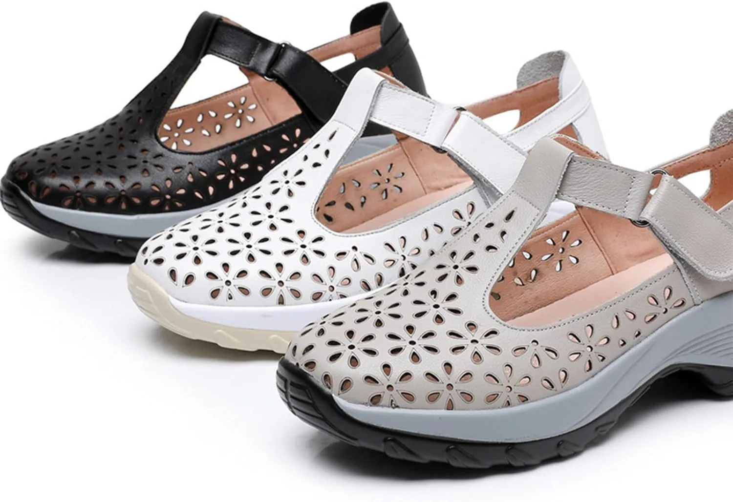 Women's Genuine Leather Cutout Platform Orthopedic Walking Mary Jane Shoes,Comfort Arch Support Wedge Heel Adjustable Hook-and-Loop Fashion Sneakers Hollow T Strap Nurse Shoes