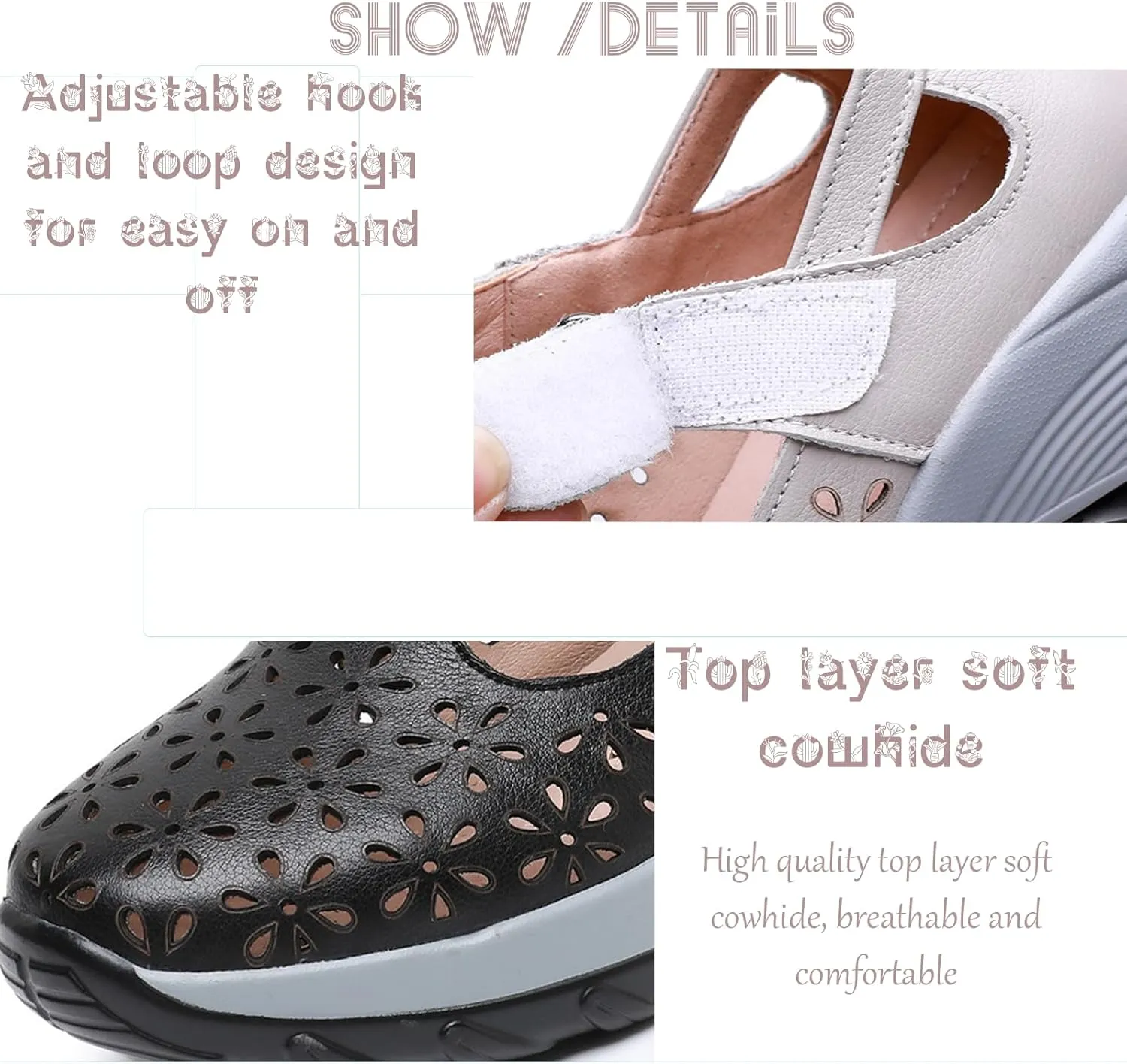 Women's Genuine Leather Cutout Platform Orthopedic Walking Mary Jane Shoes,Comfort Arch Support Wedge Heel Adjustable Hook-and-Loop Fashion Sneakers Hollow T Strap Nurse Shoes