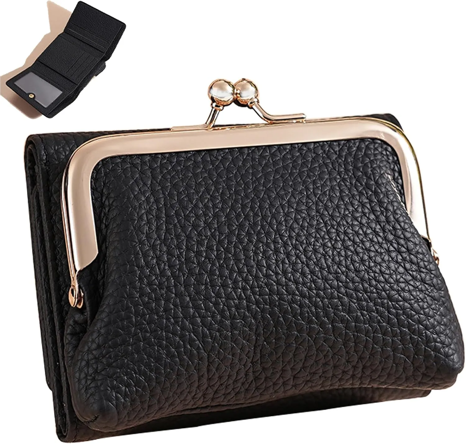 Women's Genuine Leather Wallet,RFID Blocking Mini Pocket Purse,Card Holder Purse With Kiss lock Coin Pocket,Ladies Credit Card Holder (Black)
