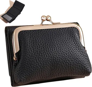 Women's Genuine Leather Wallet,RFID Blocking Mini Pocket Purse,Card Holder Purse With Kiss lock Coin Pocket,Ladies Credit Card Holder (Black)