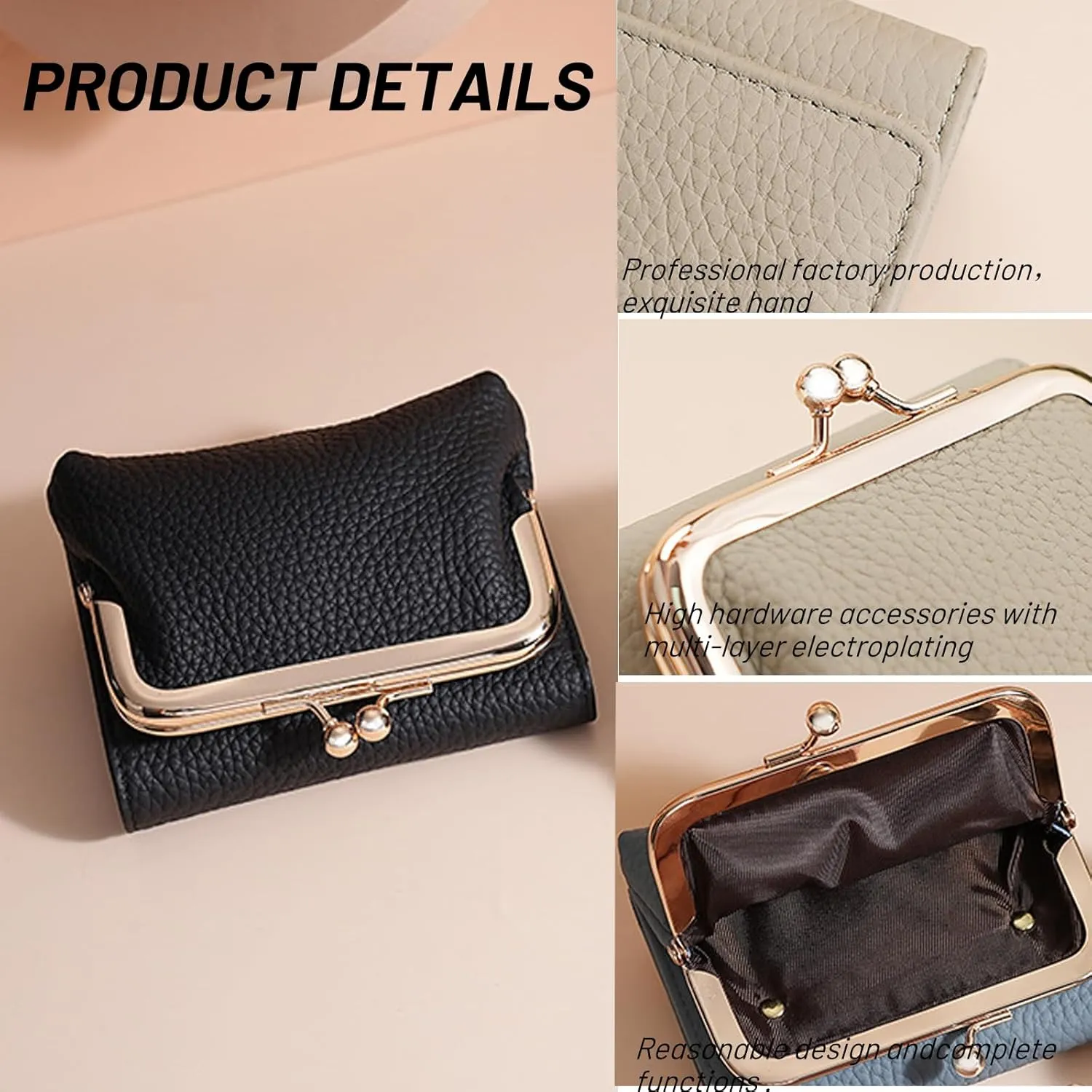 Women's Genuine Leather Wallet,RFID Blocking Mini Pocket Purse,Card Holder Purse With Kiss lock Coin Pocket,Ladies Credit Card Holder (Black)