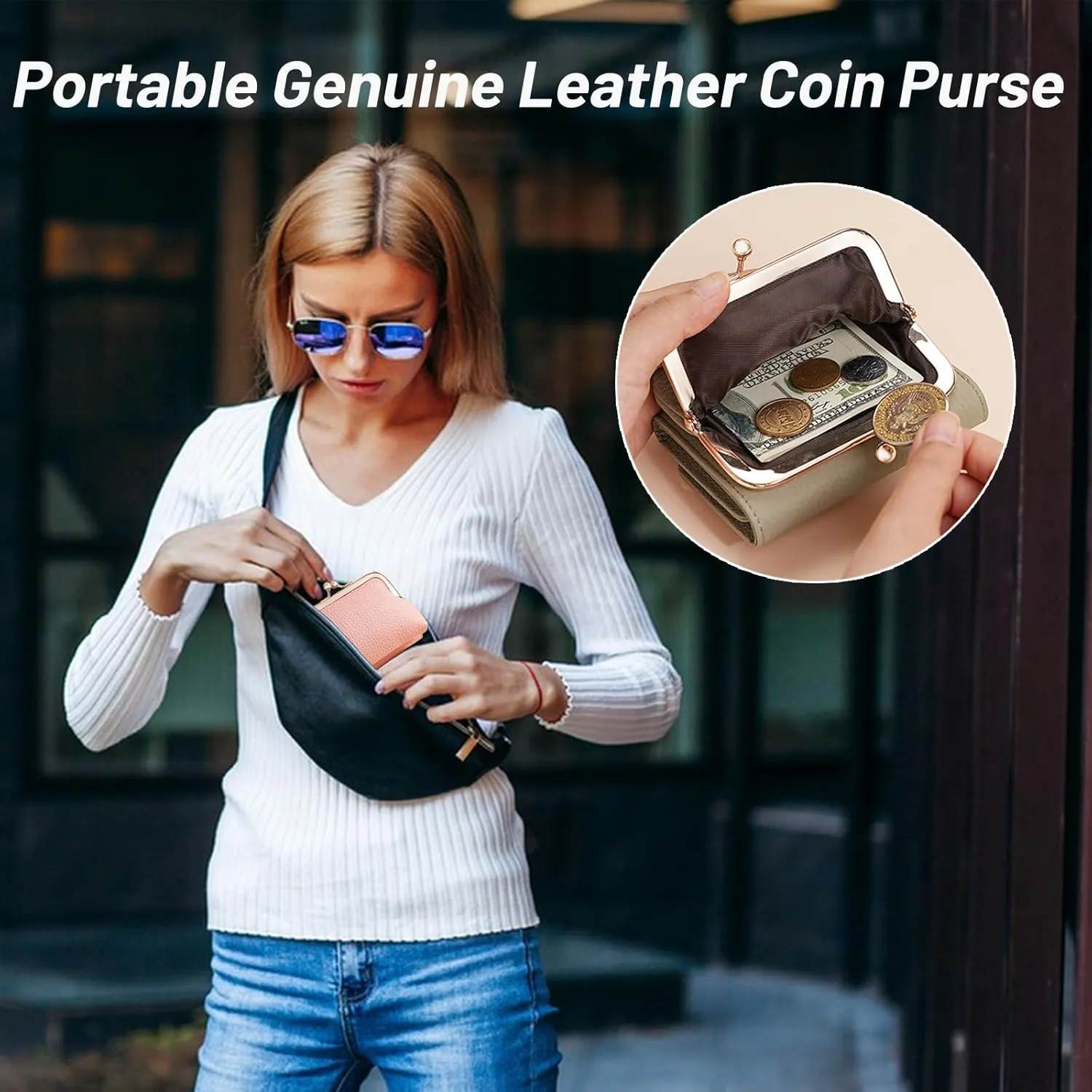 Women's Genuine Leather Wallet,RFID Blocking Mini Pocket Purse,Card Holder Purse With Kiss lock Coin Pocket,Ladies Credit Card Holder (Black)