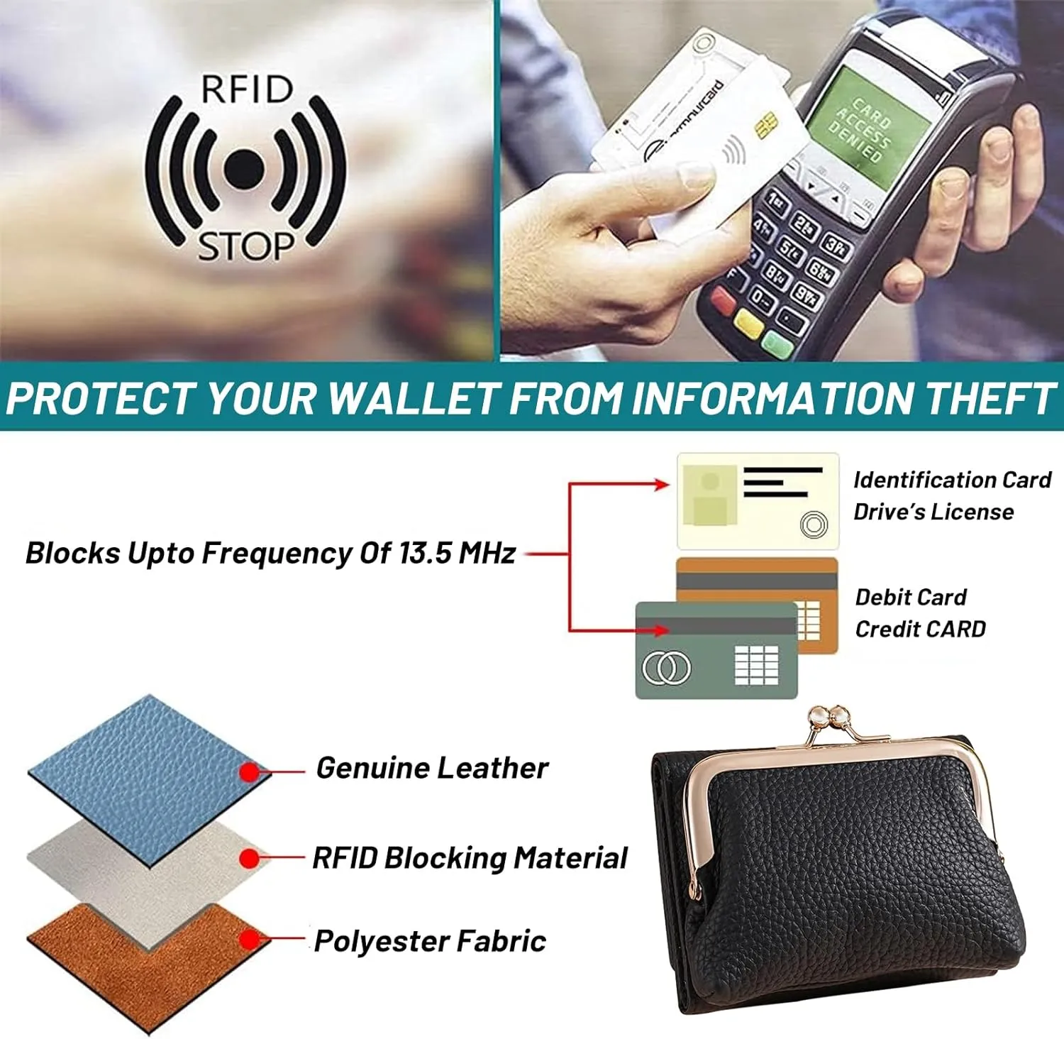 Women's Genuine Leather Wallet,RFID Blocking Mini Pocket Purse,Card Holder Purse With Kiss lock Coin Pocket,Ladies Credit Card Holder (Black)