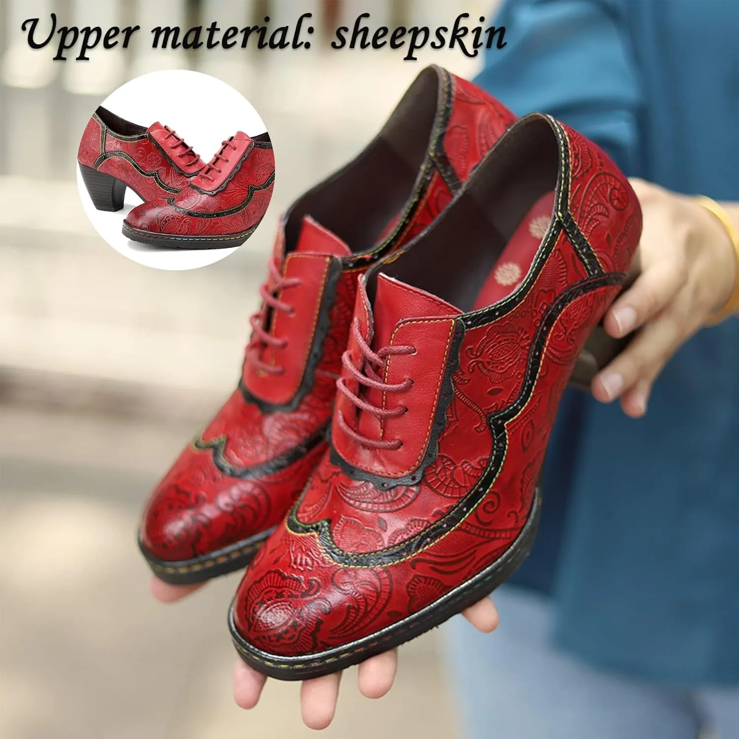 Women's Handmade Lambskin Oxford Loafers Shoes with Retro Ethnic Printed Style, Brock Design for Casual and Fashion Collegiate Style