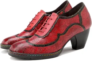 Women's Handmade Lambskin Oxford Loafers Shoes with Retro Ethnic Printed Style, Brock Design for Casual and Fashion Collegiate Style