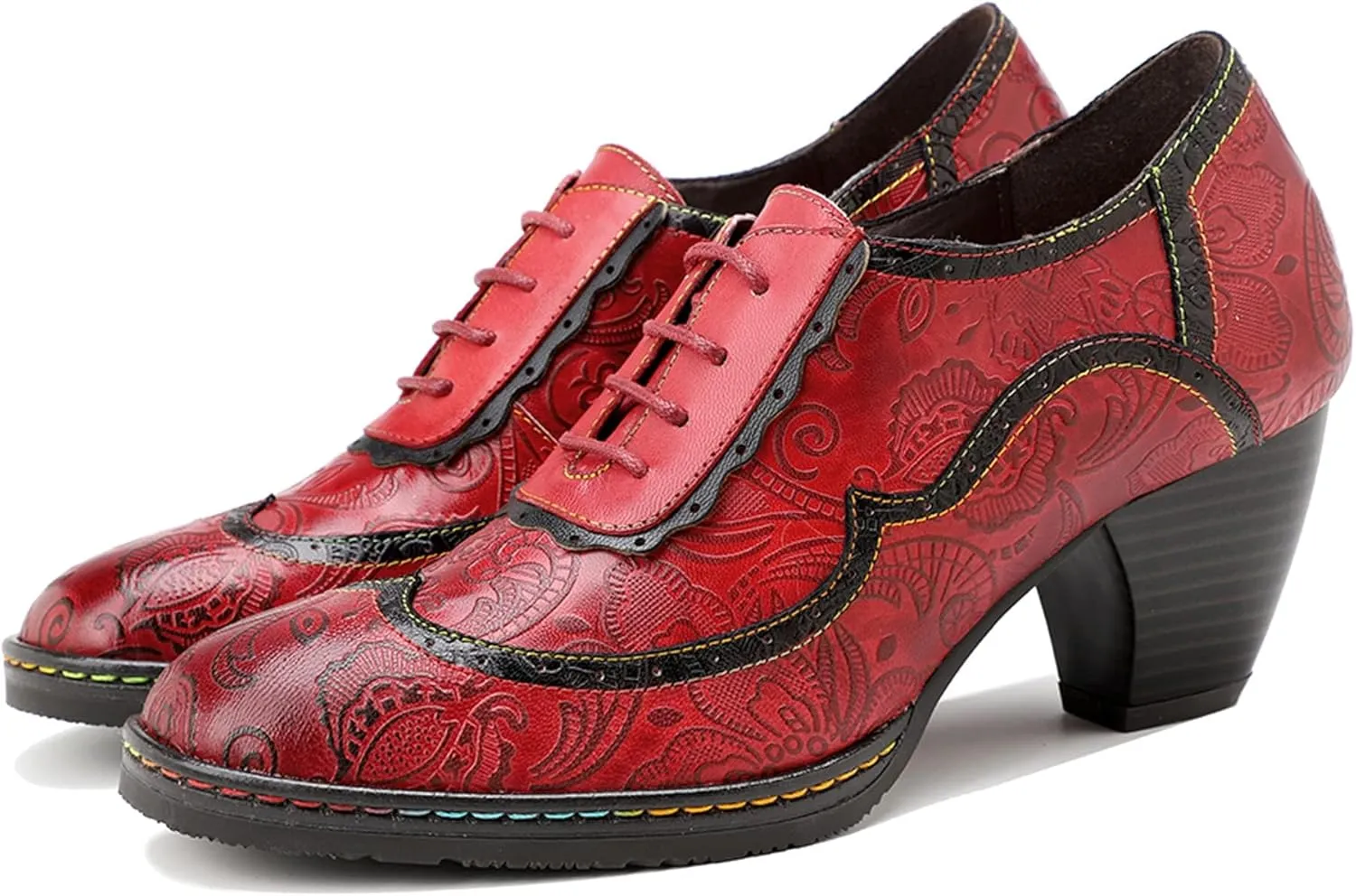 Women's Handmade Lambskin Oxford Loafers Shoes with Retro Ethnic Printed Style, Brock Design for Casual and Fashion Collegiate Style