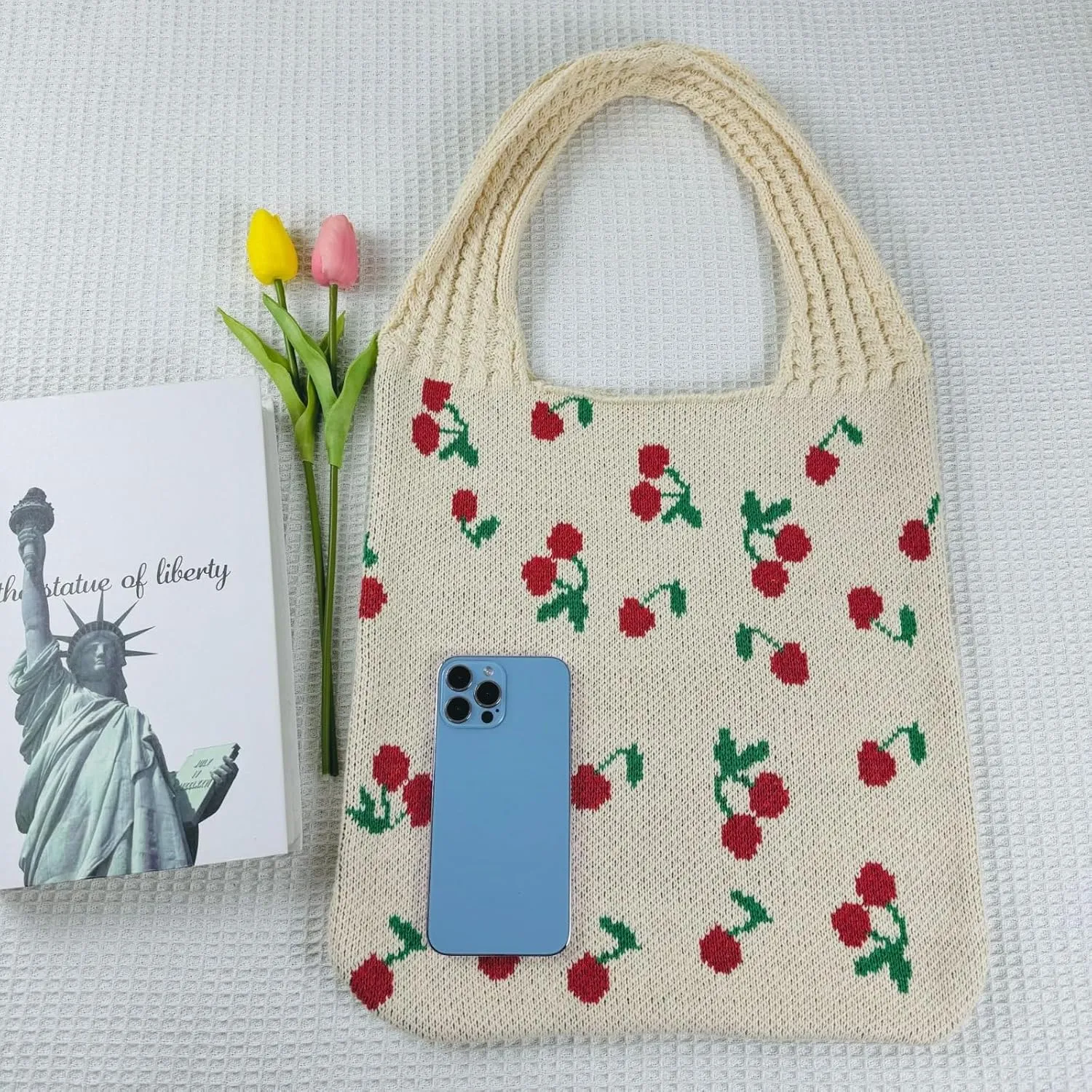 Women's Knitted Tote Bag, Cute Cherry Woven Shoulder Bag, Large Capacity Shopping Bag for Women & Girls
