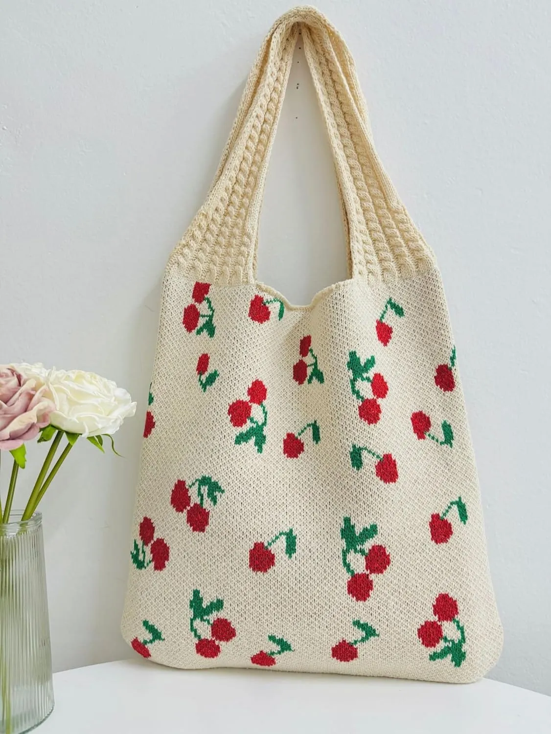Women's Knitted Tote Bag, Cute Cherry Woven Shoulder Bag, Large Capacity Shopping Bag for Women & Girls