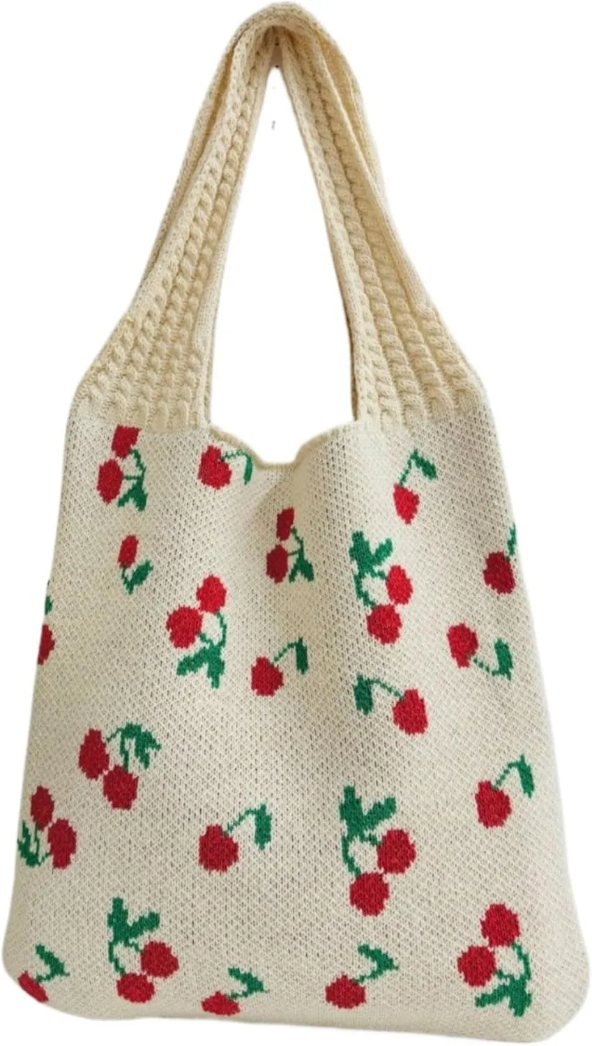 Women's Knitted Tote Bag, Cute Cherry Woven Shoulder Bag, Large Capacity Shopping Bag for Women & Girls