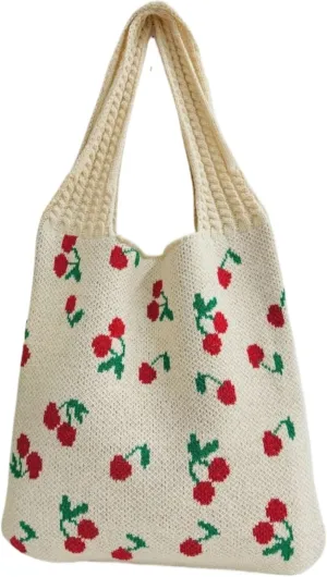 Women's Knitted Tote Bag, Cute Cherry Woven Shoulder Bag, Large Capacity Shopping Bag for Women & Girls
