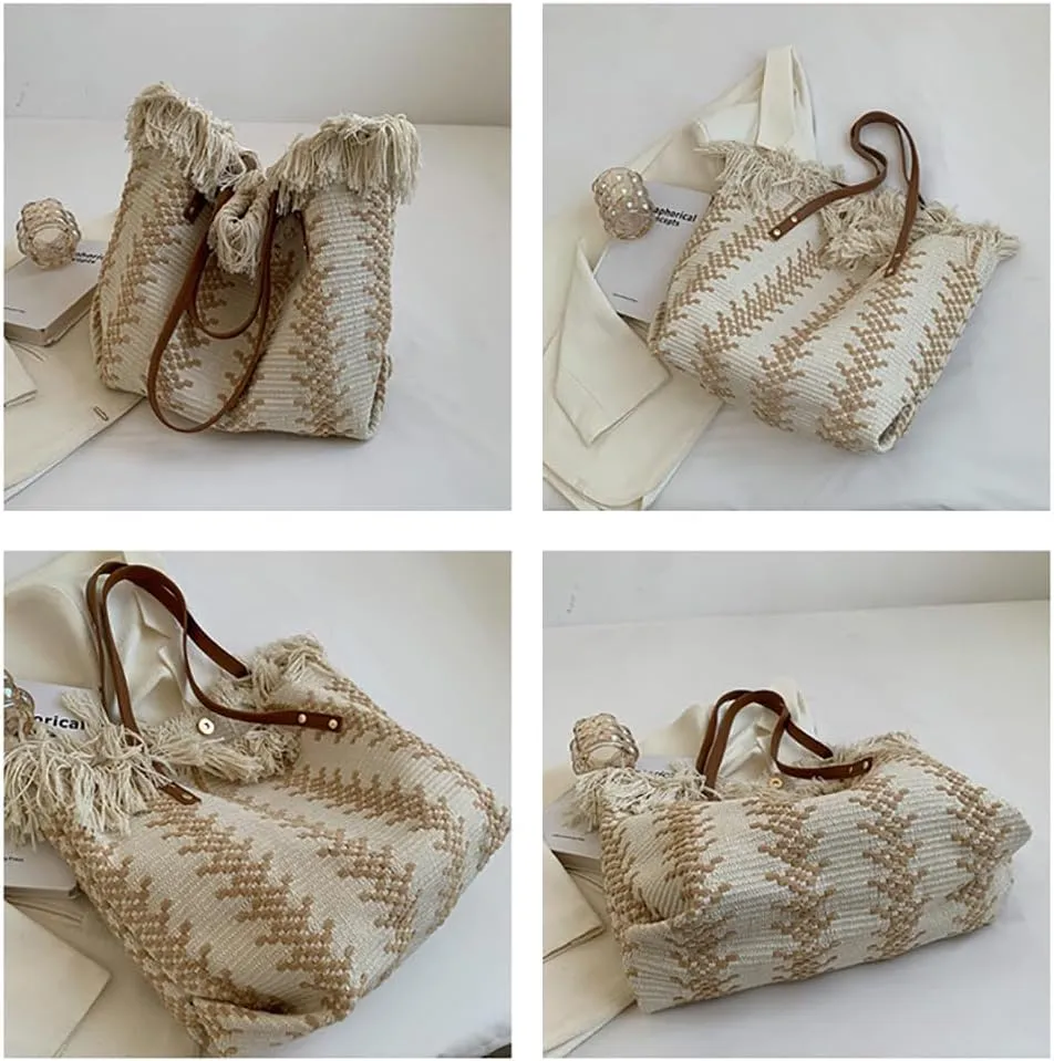 Womens Large Tote Handbag Cotton Linen Shoulder Bag Bohemian Tassel Hobo Bag for Shopping, Beach, Vacation