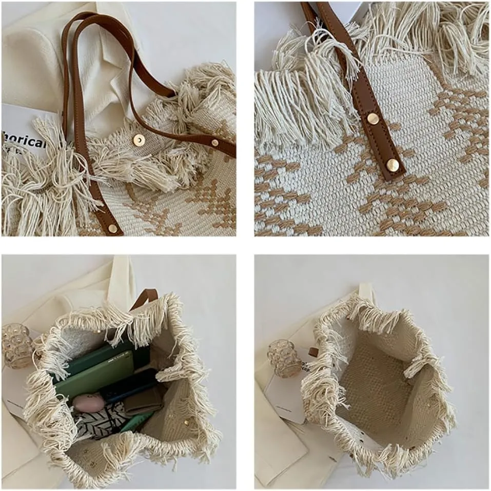 Womens Large Tote Handbag Cotton Linen Shoulder Bag Bohemian Tassel Hobo Bag for Shopping, Beach, Vacation