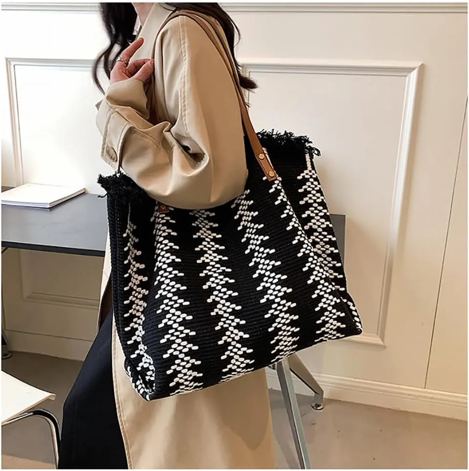 Womens Large Tote Handbag Cotton Linen Shoulder Bag Bohemian Tassel Hobo Bag for Shopping, Beach, Vacation