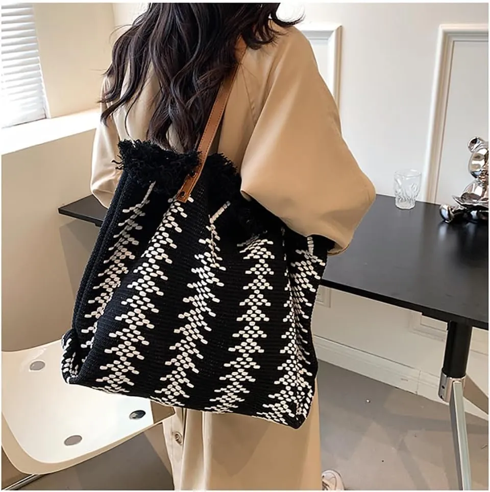 Womens Large Tote Handbag Cotton Linen Shoulder Bag Bohemian Tassel Hobo Bag for Shopping, Beach, Vacation