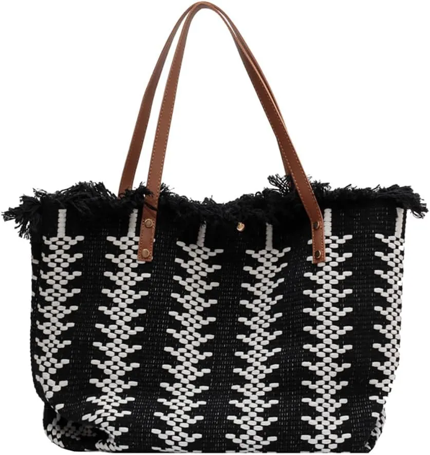 Womens Large Tote Handbag Cotton Linen Shoulder Bag Bohemian Tassel Hobo Bag for Shopping, Beach, Vacation