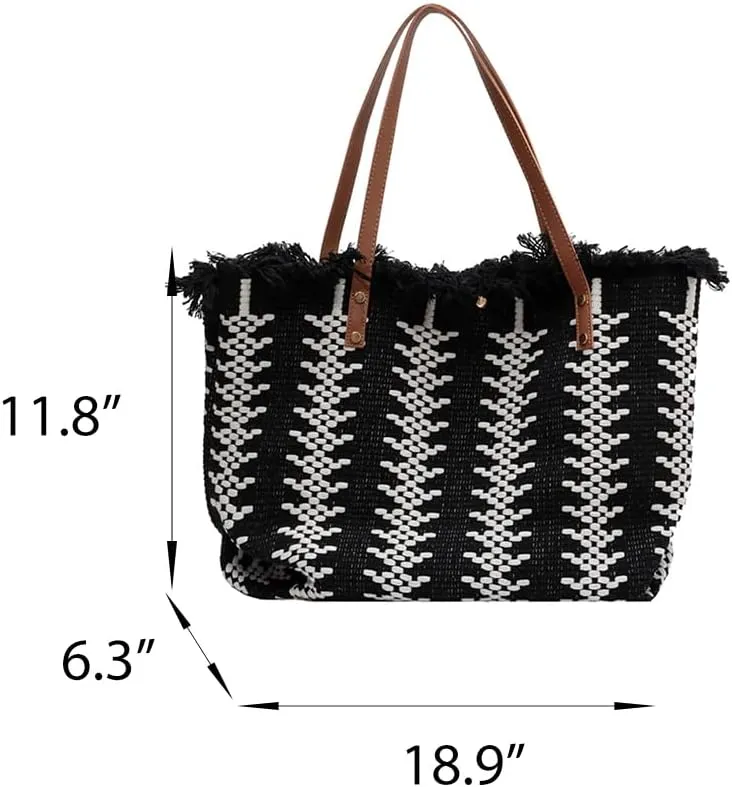 Womens Large Tote Handbag Cotton Linen Shoulder Bag Bohemian Tassel Hobo Bag for Shopping, Beach, Vacation