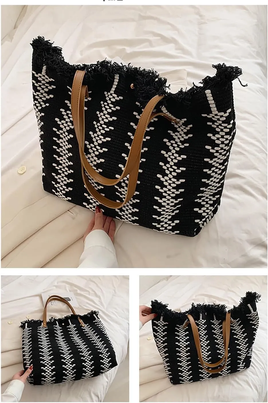 Womens Large Tote Handbag Cotton Linen Shoulder Bag Bohemian Tassel Hobo Bag for Shopping, Beach, Vacation
