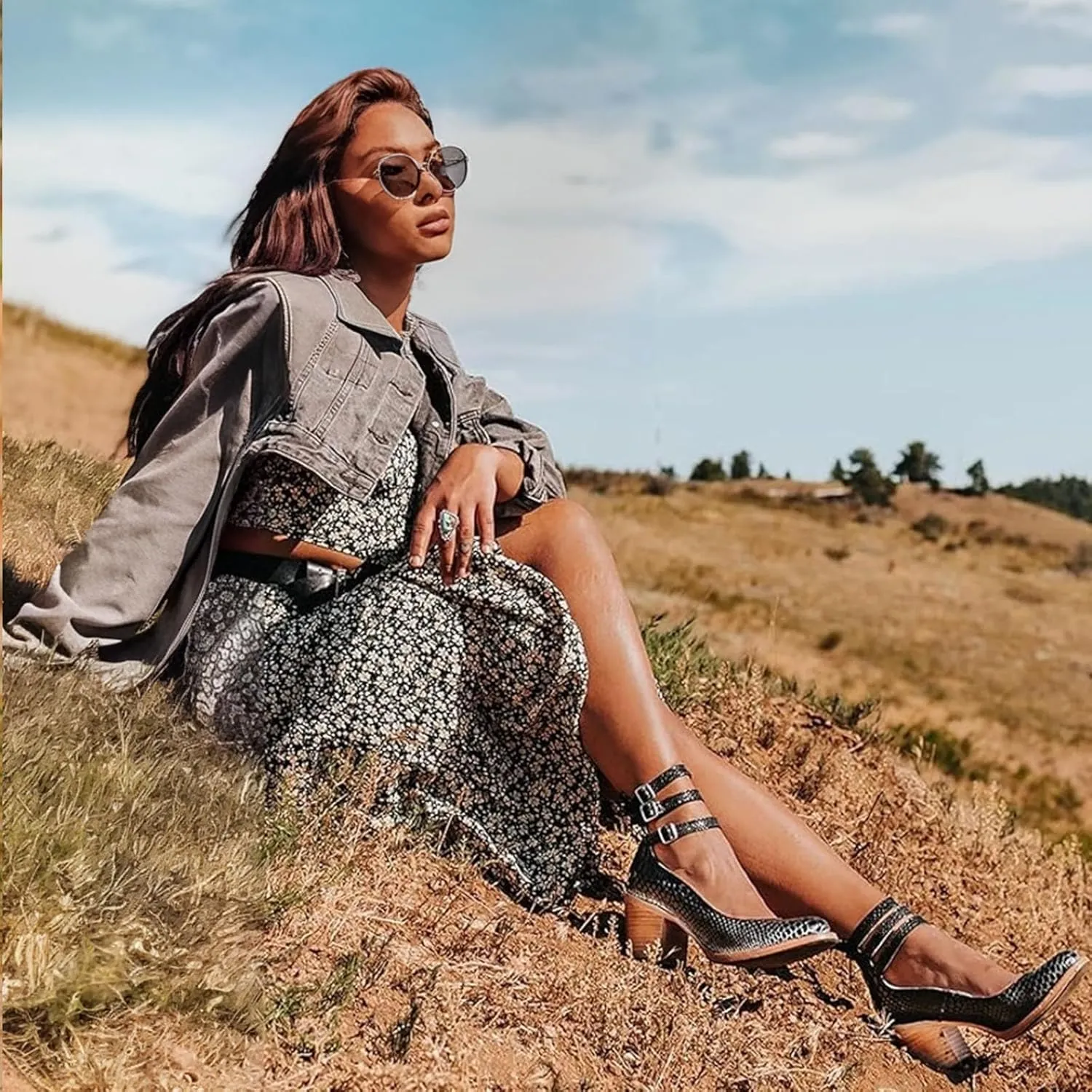 Womens Leather Ankle Strap High Heel Pumps Vintage Style Block Heel Mary Jane Shoes with Adjustable Buckles Round Toe Back Zipper Pumps for Women