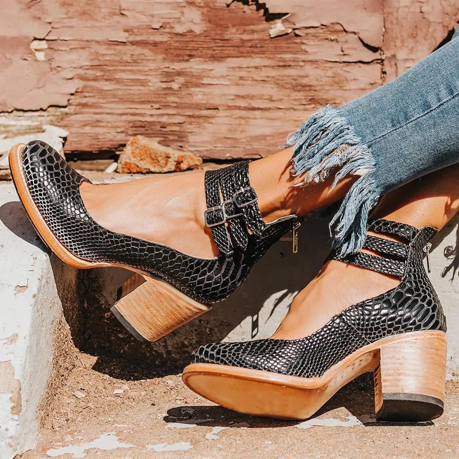 Womens Leather Ankle Strap High Heel Pumps Vintage Style Block Heel Mary Jane Shoes with Adjustable Buckles Round Toe Back Zipper Pumps for Women