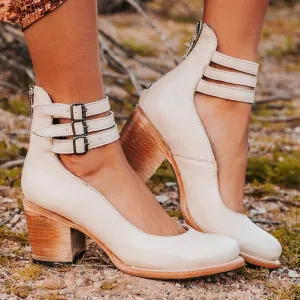 Women’s Leather Ankle Strap High Heel Pumps Vintage Style Block Heel Mary Jane Shoes with Adjustable Buckles Round Toe Back Zipper Pumps for Women