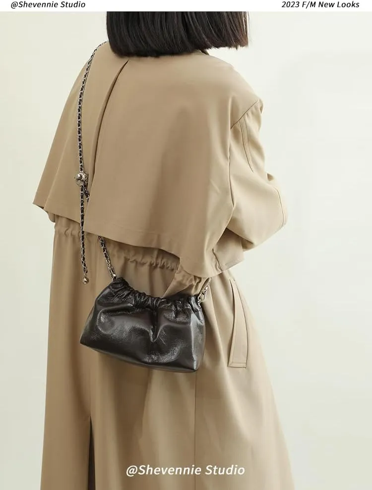 Women's Leather Chain Cowhide Metal Ball Pleated Cloud Bag Shoulder Crossbody Bag Handbag Versatile Hobo Chis Stylish