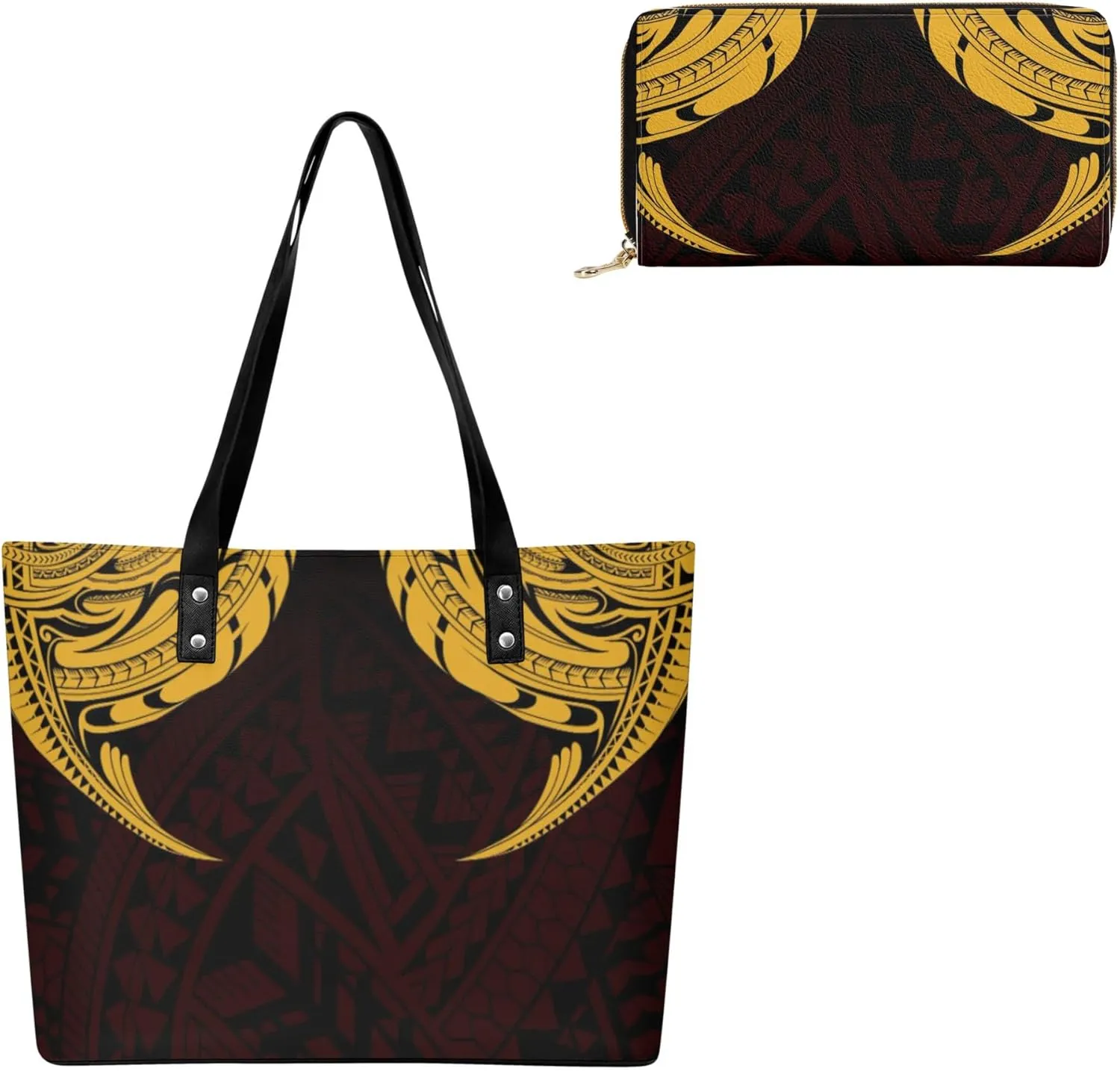 Women'S Leather Handbag Purse Combination Casual Large Capacity Shoulder Bag Polynesian Tribal Design Pattern