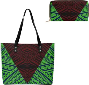 Women'S Leather Handbag Purse Combination Casual Large Capacity Shoulder Bag Polynesian Tribal Design Pattern